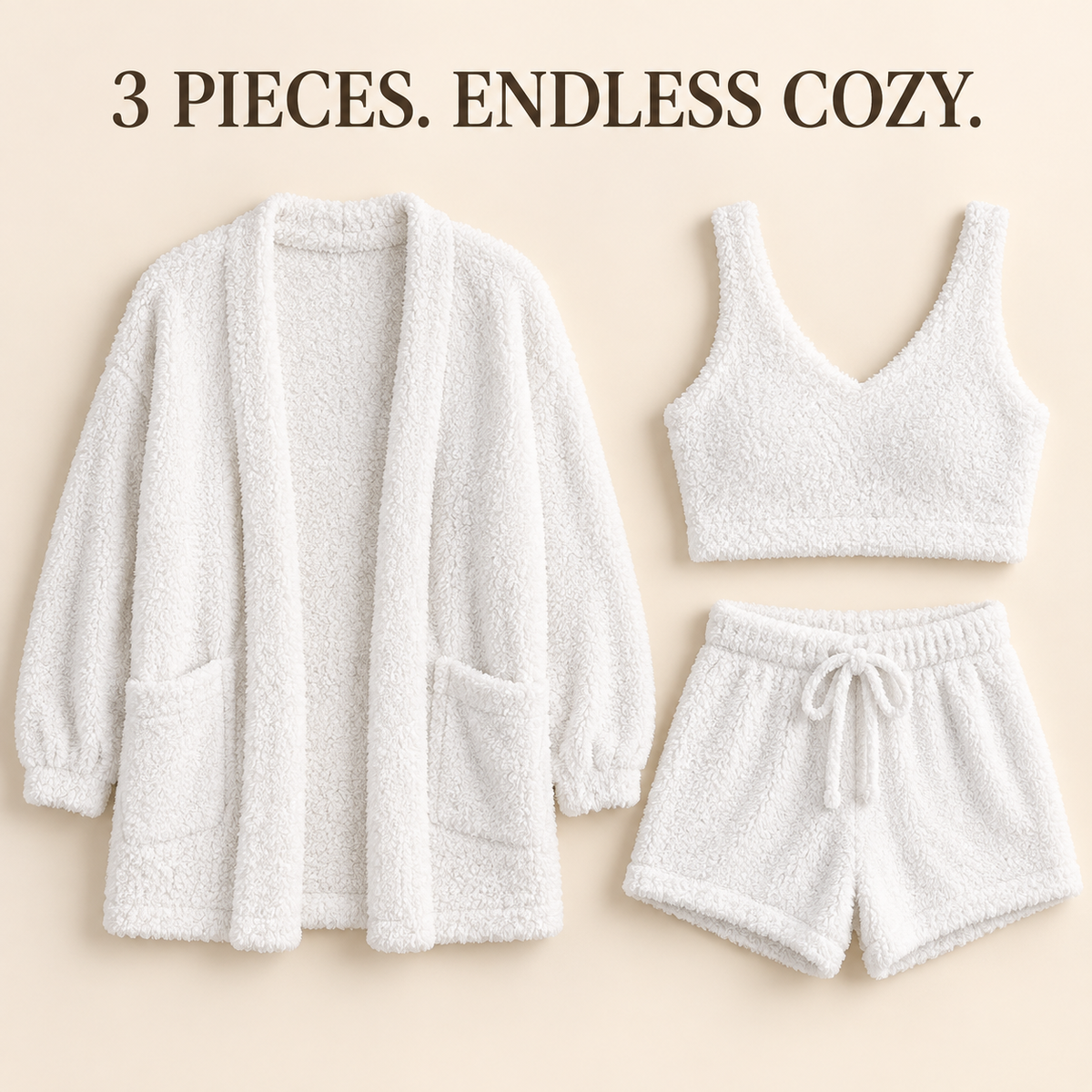 Three-piece plush pajama set flat lay