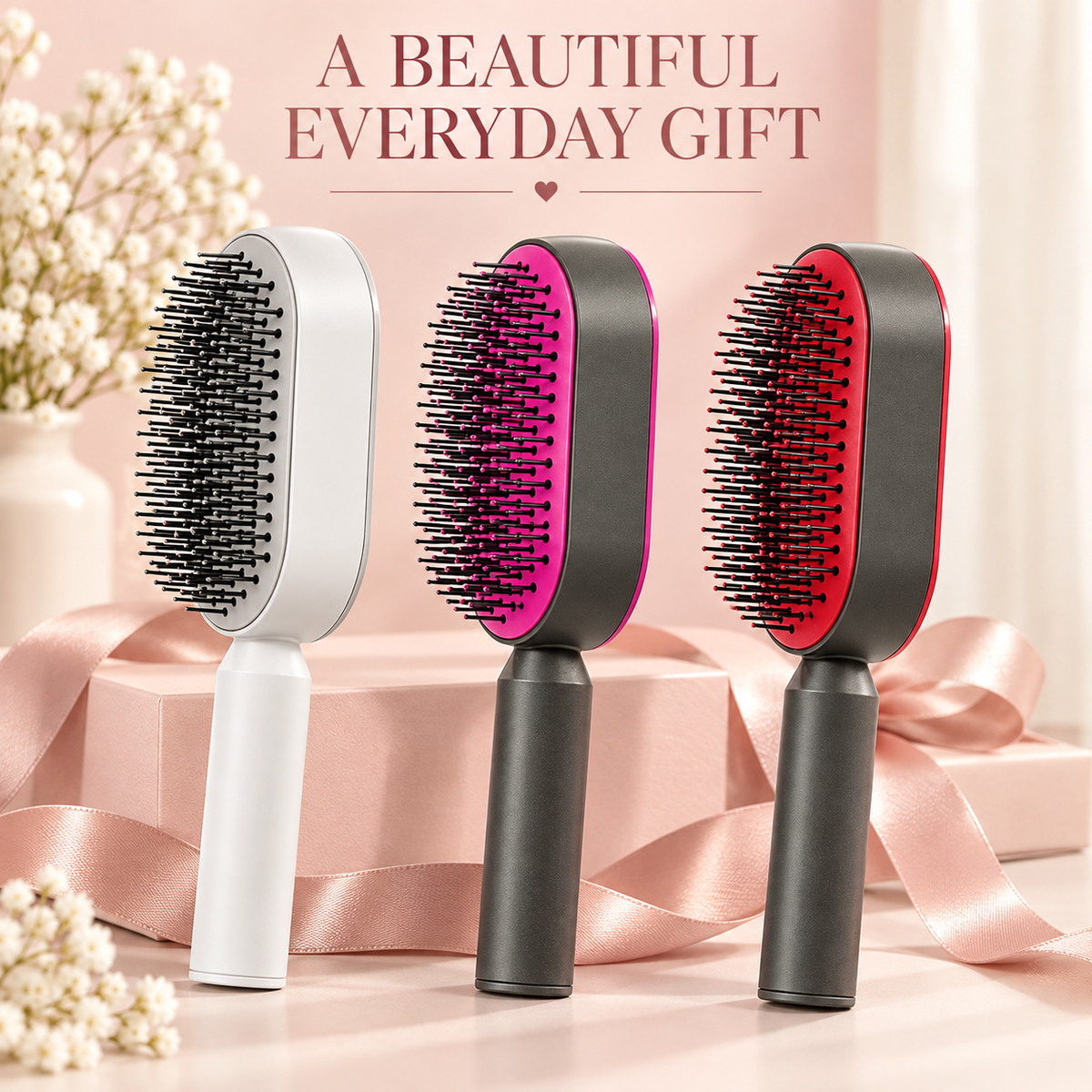 White, rose red, and red self-cleaning hairbrush colors