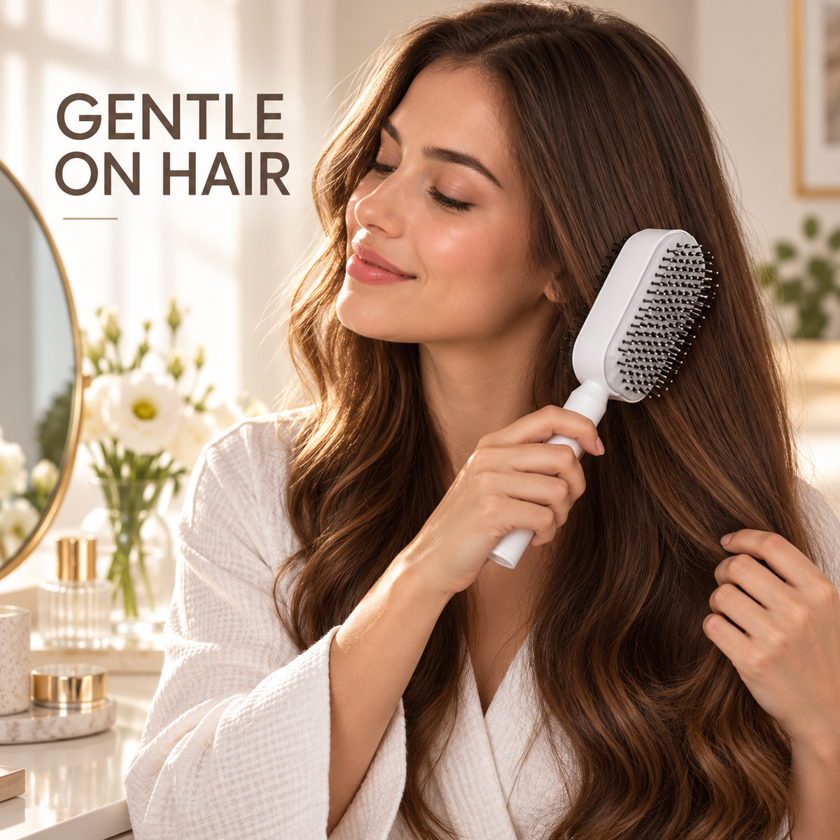 Woman gently brushing her hair
