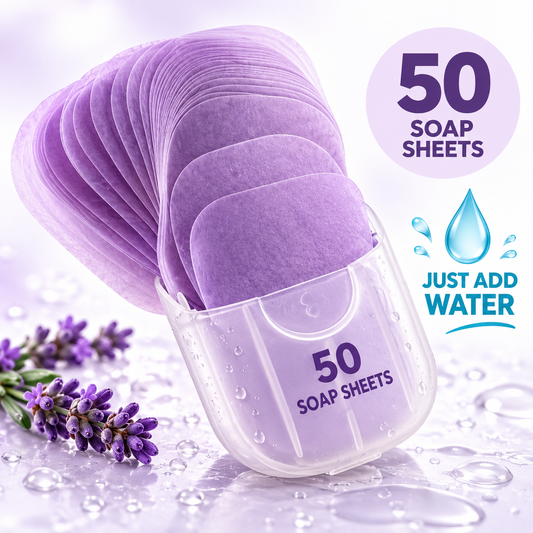 Lavender portable soap sheets, 50 sheets, just add water
