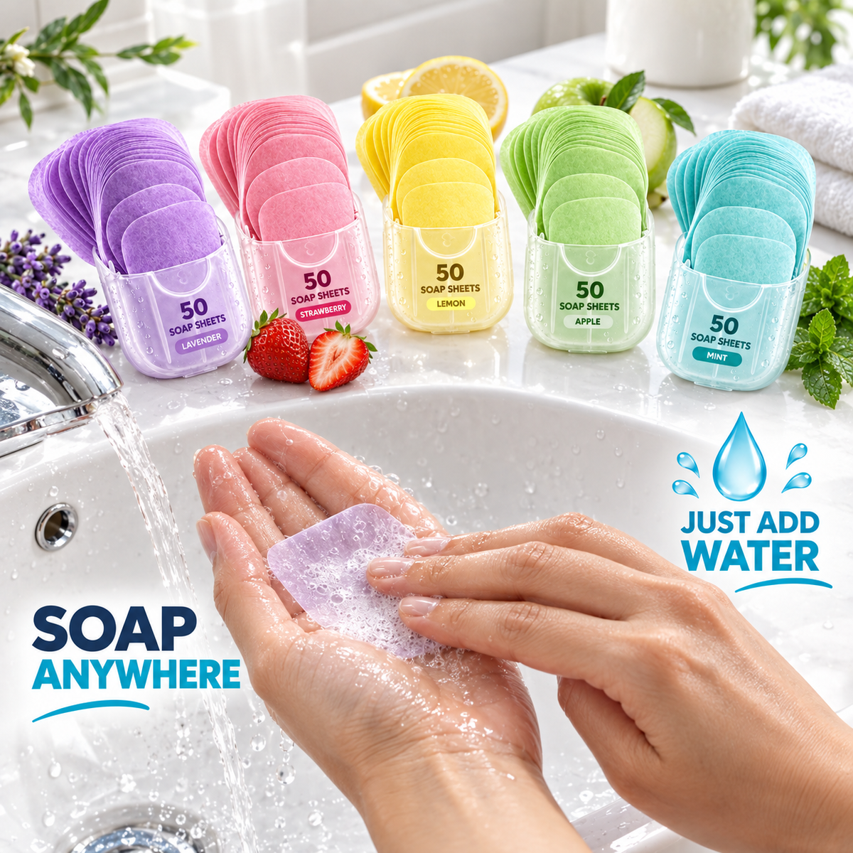 Hands using portable soap sheets with five scents: lavender, strawberry, lemon, apple, and mint