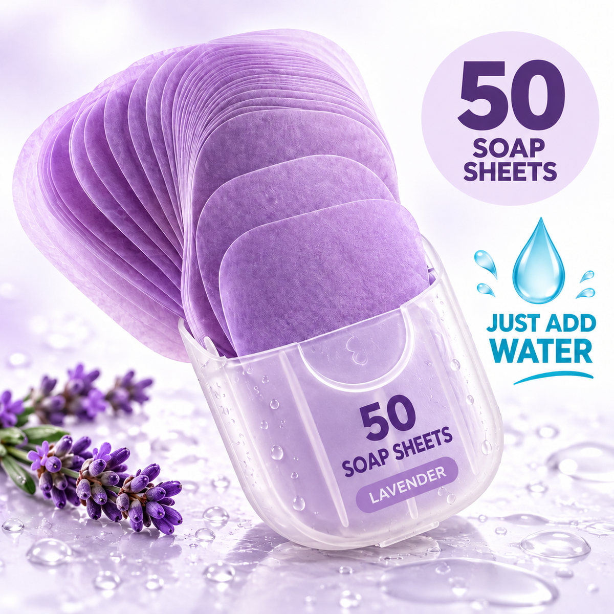 50 portable soap sheets - lavender scent - just add water