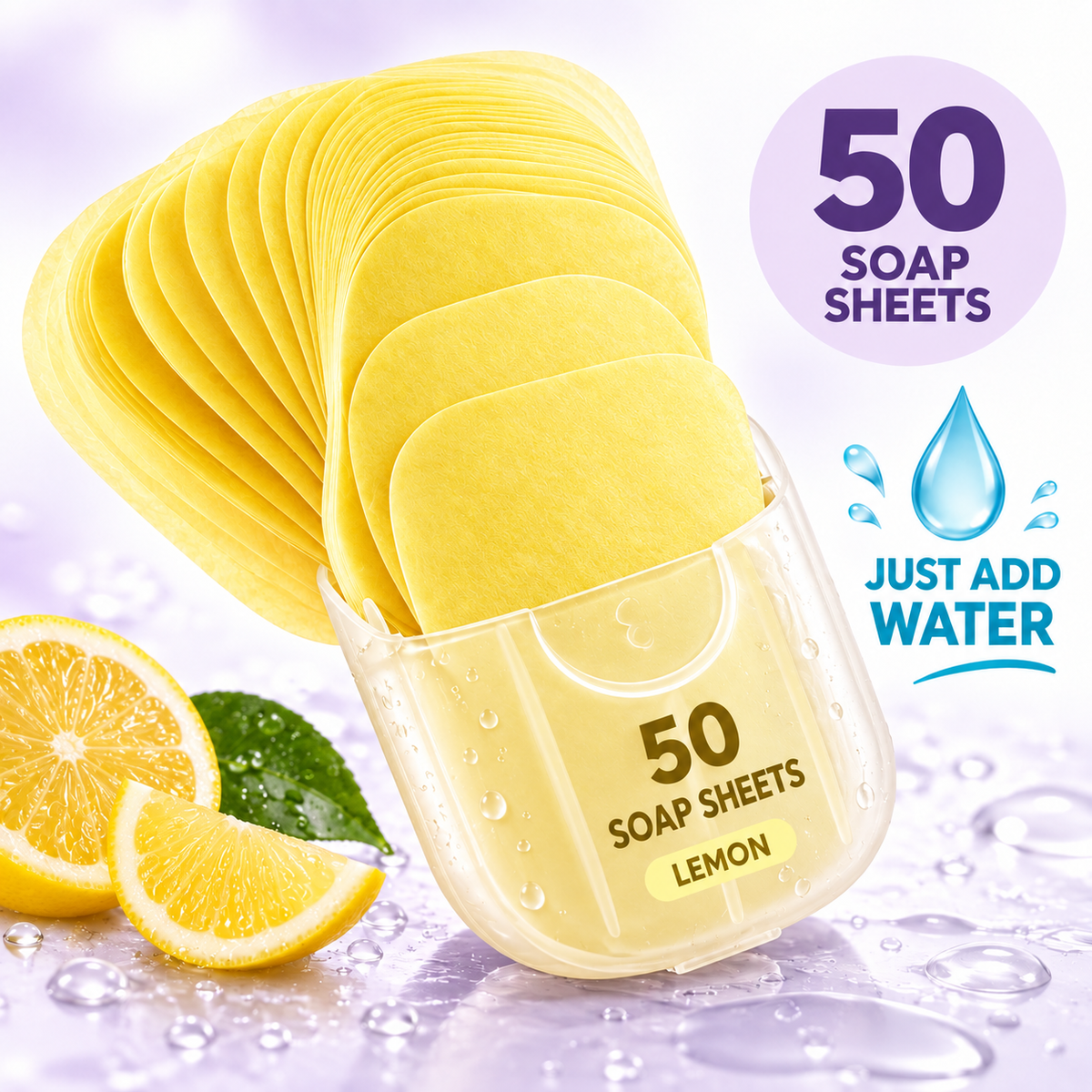 50 portable soap sheets - lemon scent - just add water