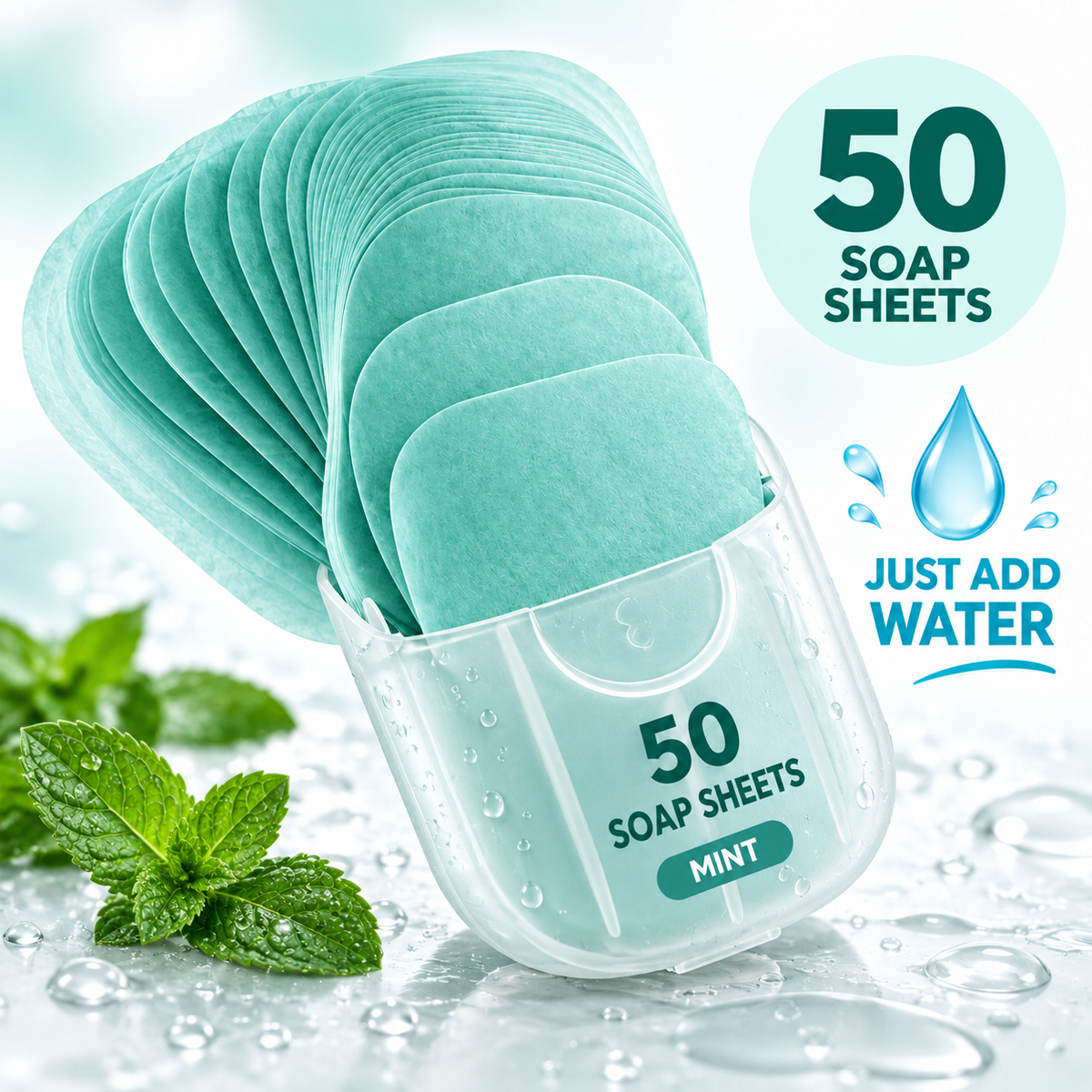 50 portable soap sheets - mint scent - just add water