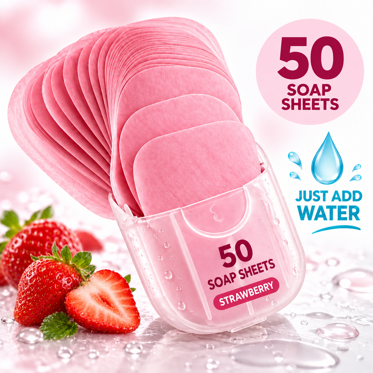 50 portable soap sheets - strawberry scent - just add water