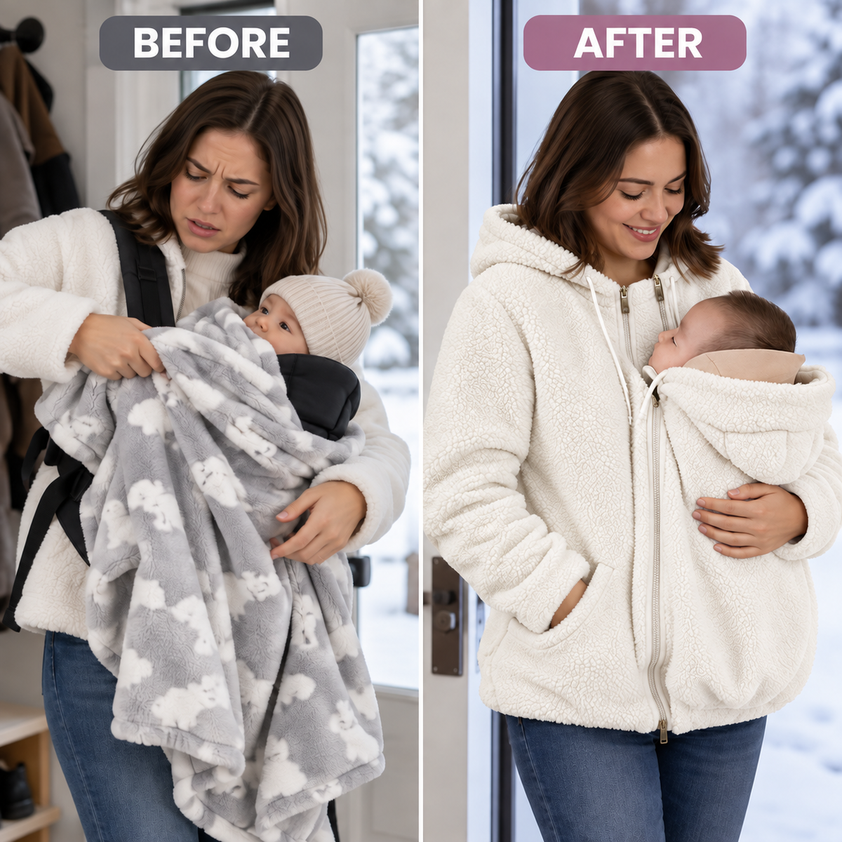 Before and after white mother and baby jacket