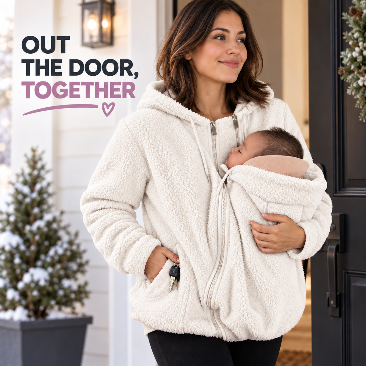 Mother leaving home in white sherpa baby cover jacket