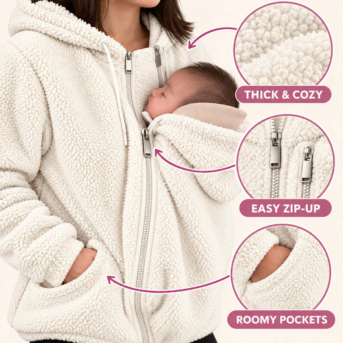 White sherpa jacket fabric zipper and pocket features