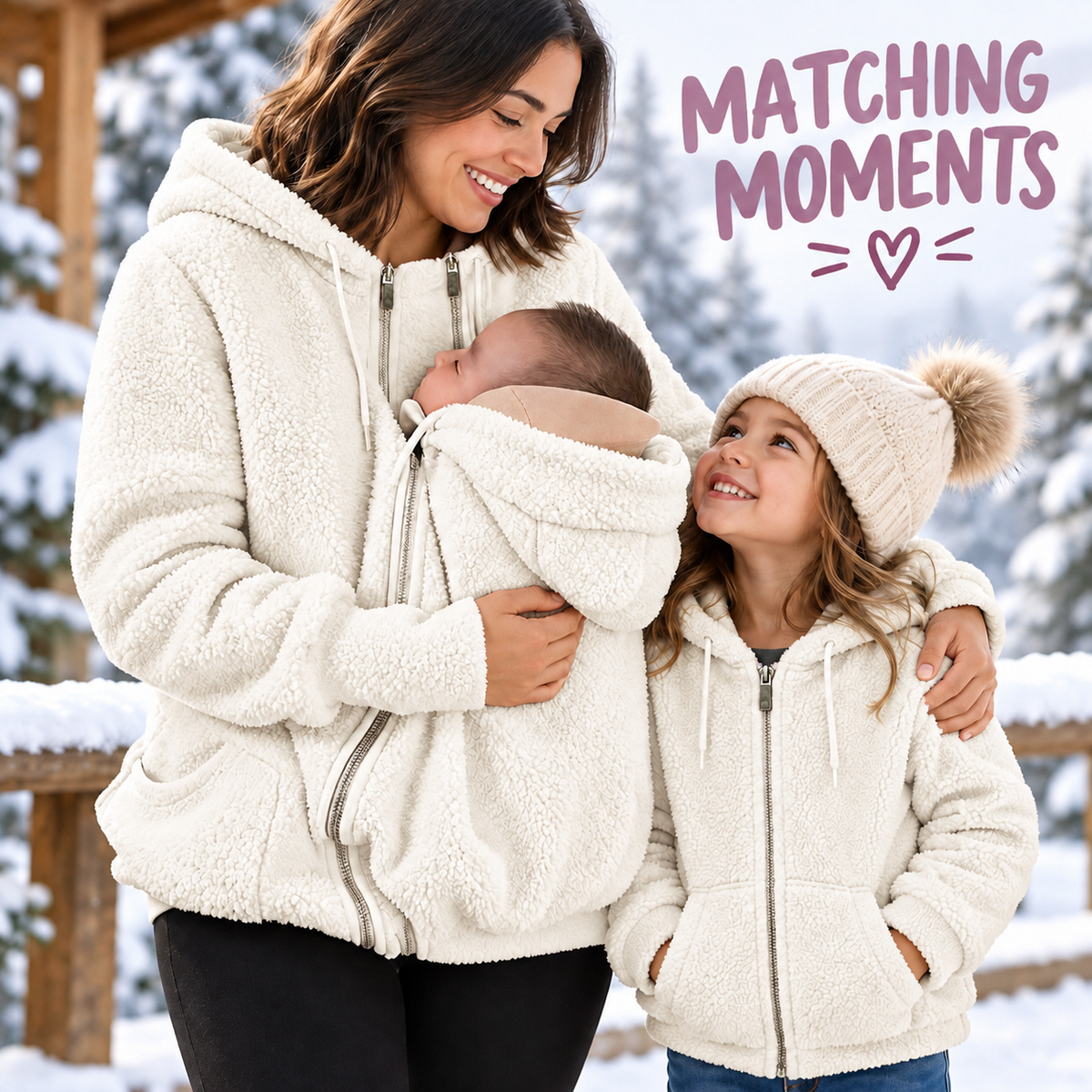 Matching white sherpa jackets for mother and child